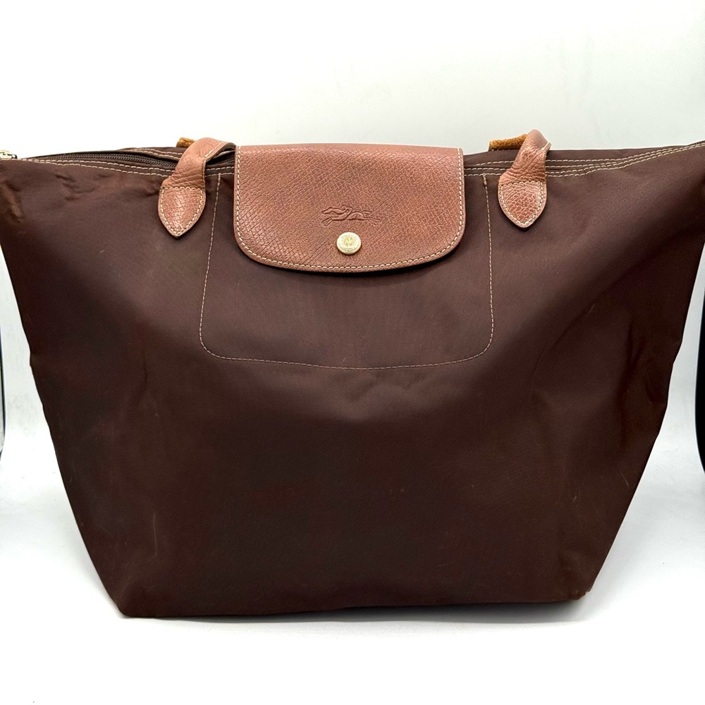 Longchamp Le Pliage Medium Shoulder Tote Authentic Brown Nylon w/ Brown Leather